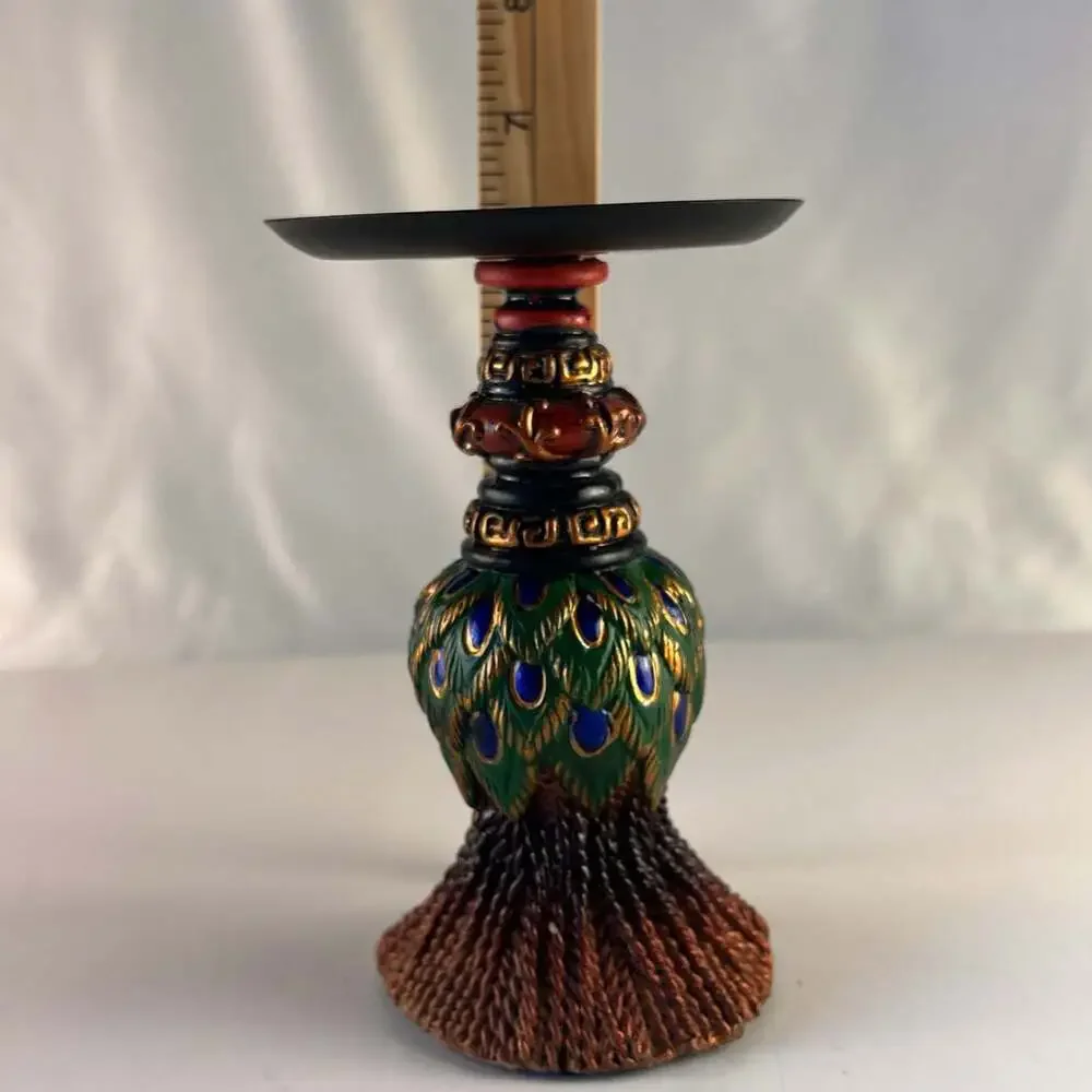 Pair of Vintage Peacock Feather Candle Holders Painted Resin Pillar Stand Decor